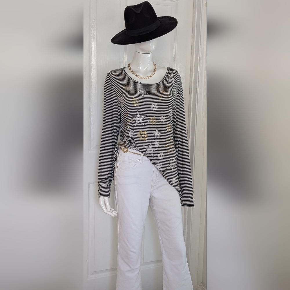 Merry Wear Black White Striped Gold Star Patterned Women's Top XL